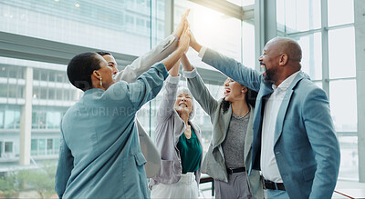 Celebration, business people and high five at a conference with teamwork and motivation in office. Discussion, staff and collaboration with professional team at a seminar with workforce and agreement