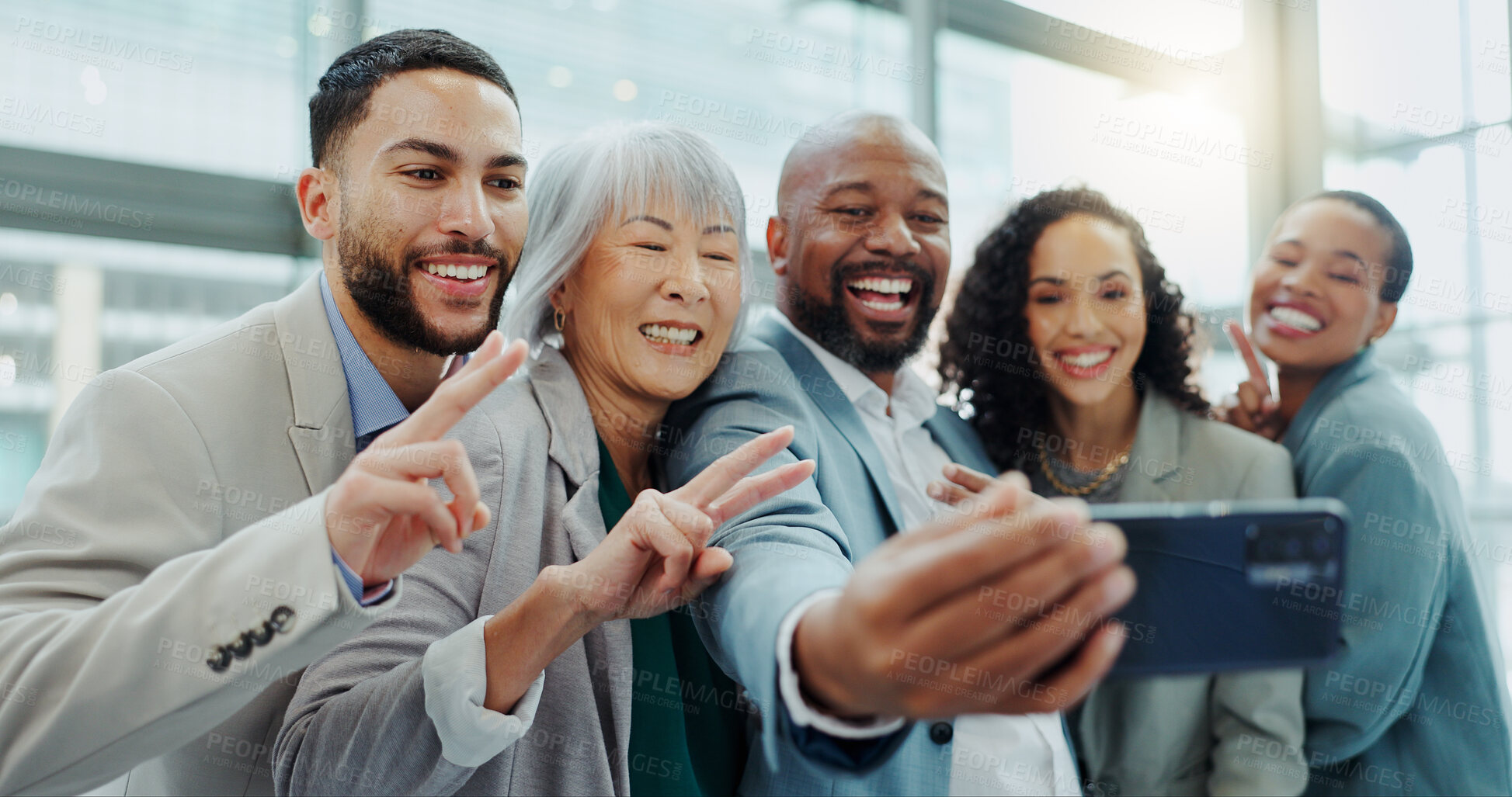 Buy stock photo Happy business people, peace sign and office selfie for photography, team building or social media. Group of corporate employees smile with emoji for teamwork, photograph or fun picture at workplace