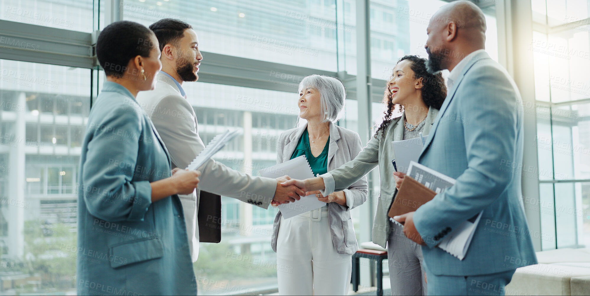 Buy stock photo Business people, handshake and meeting in b2b, deal or agreement for teamwork or growth at office. Businessman shaking hands with woman in recruiting for team introduction, greeting or partnership