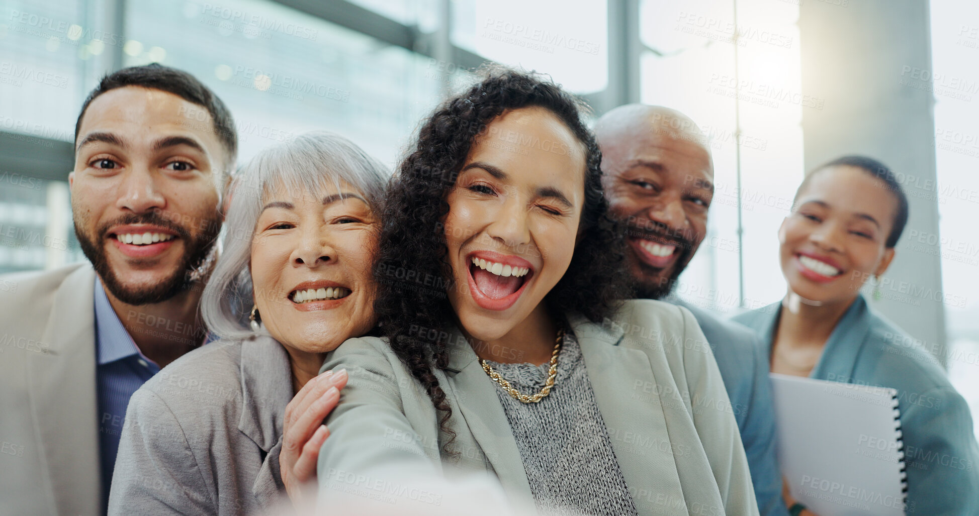 Buy stock photo Happy business people, face and office selfie for photography, team building or social media. Group of diverse corporate employees smile together for teamwork, photograph or fun picture at workplace