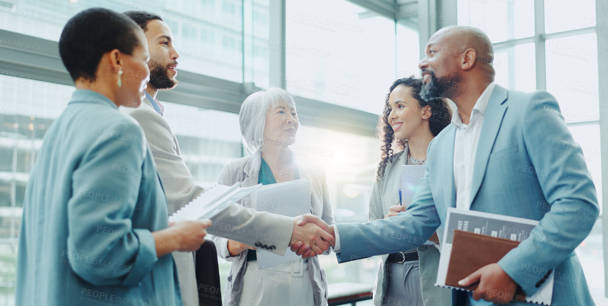 Buy stock photo Business people, handshake and meeting in b2b, agreement or deal for teamwork or growth at office. Businessman shaking hands with woman in recruiting for team introduction, greeting or partnership