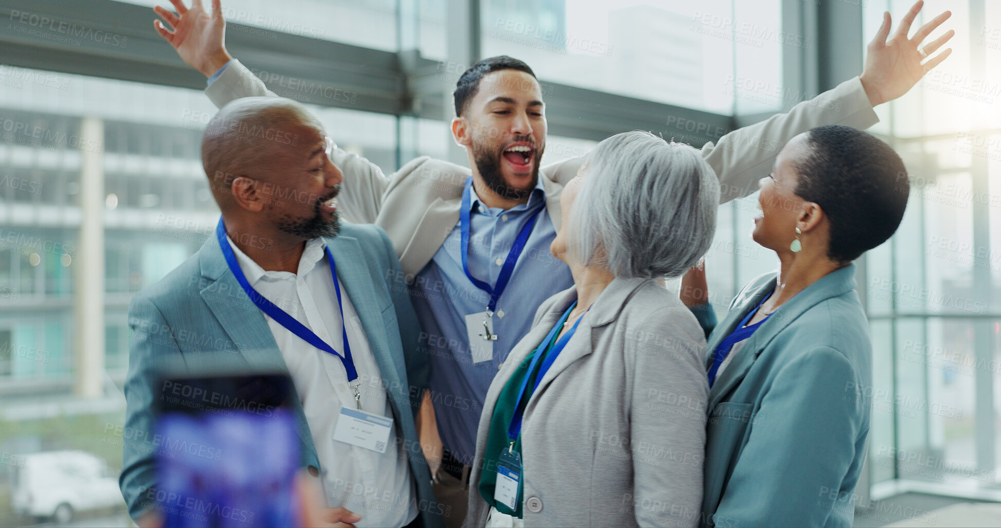 Buy stock photo Celebration, business people and happy at a conference with teamwork and motivation in office. Discussion, staff and collaboration with professional team at a seminar with workforce and agreement