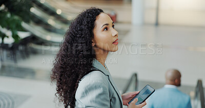 Business woman, phone and airport with thinking, travel and commute for work. Mobile text, transport and luggage with person with journey and worker vacation with idea and thinking on escalator