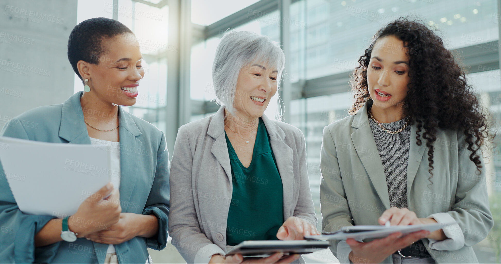 Buy stock photo Happy business woman, meeting and documents in team discussion, brainstorming or collaboration at office. Female person or group with paperwork in financial planning, project or strategy at workplace