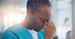 Black woman, nurse and crying, sad and mental health with depression, help and psychology with stress at work. Fatigue, healthcare and burnout with mistake, fail with reaction to news and overwhelmed