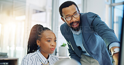 Computer, black woman and manager training intern or coaching employee and helping with project, work or collaboration. Mentor, corporate and talking about a question, error or pc learning in Nigeria