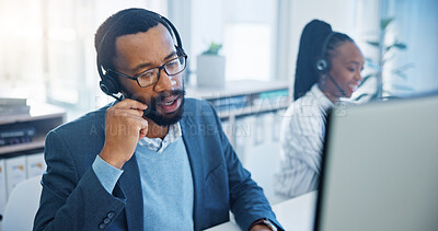 Computer, customer support and a black man consultant working in a call center for service or assistance. Contact, crm and headset communication with an employee consulting in a retail sales office
