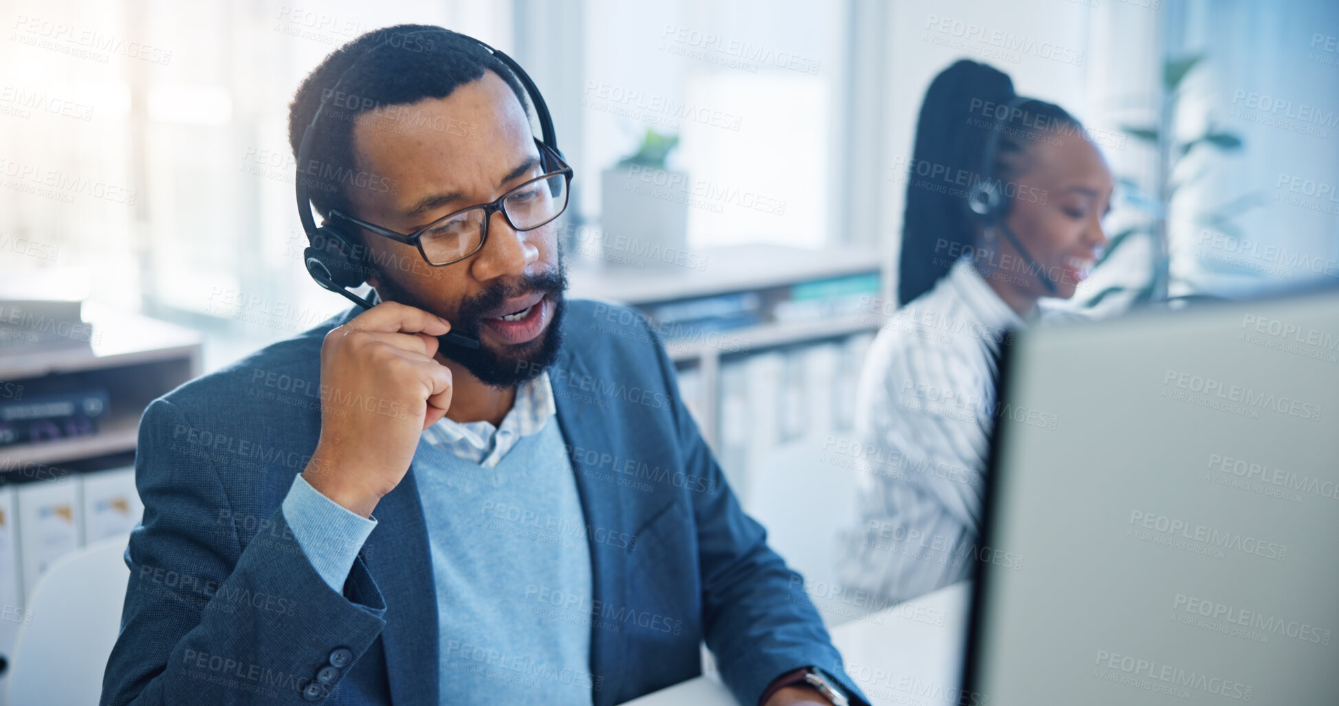 Buy stock photo Computer, customer support and a black man consultant working in a call center for service or assistance. Contact, crm and headset communication with an employee consulting in a retail sales office