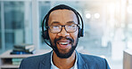 Black man, face and call center consulting with headphones in customer service or telemarketing at office. Portrait of happy African male person, consultant or agent talking in online advice or help