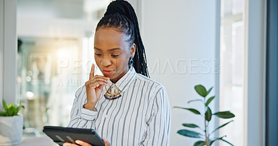 Buy stock photo Business woman, tablet and thinking in office with internet, creative idea or communication. African entrepreneur person with technology for networking, online planning or email and social media