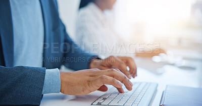 Digital research, developer and programmer writing, programming software or coding app on computer at desk in workplace. Laptop, hands typing and business man in office working on job email or report.