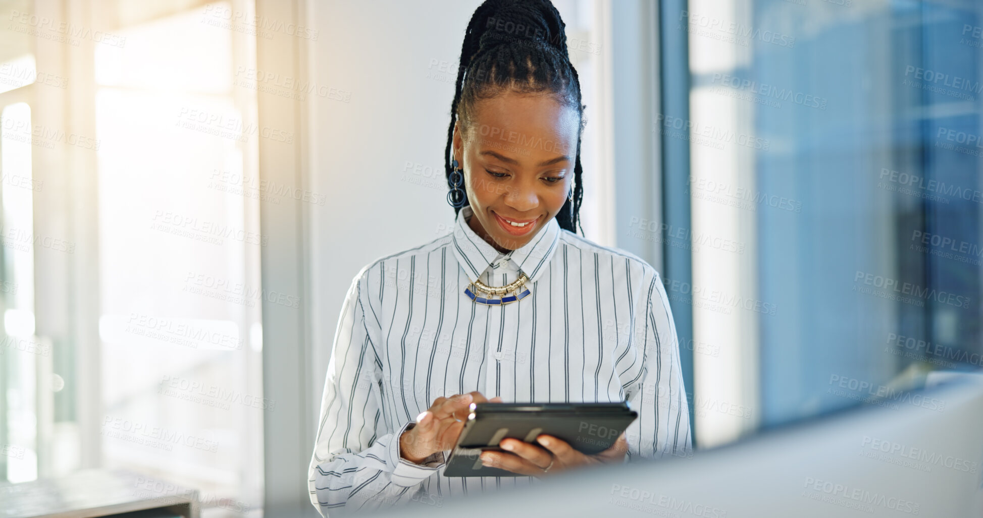 Buy stock photo Business woman, tablet and thinking in office with internet, creative idea or communication. African entrepreneur person with technology for networking, online planning or email and social media