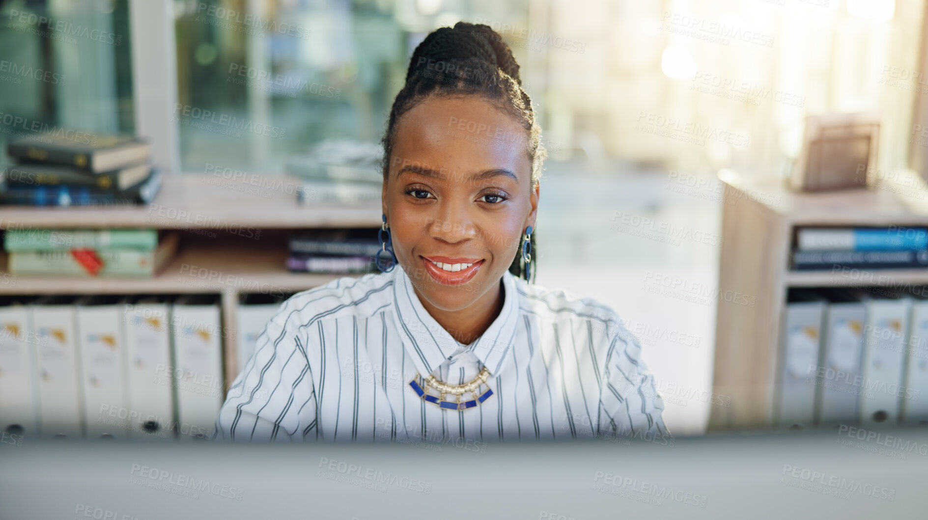 Buy stock photo Business, black woman and smile at computer in office for planning online report, typing email and internet research. Face of worker at desktop tech for project update, administration and information