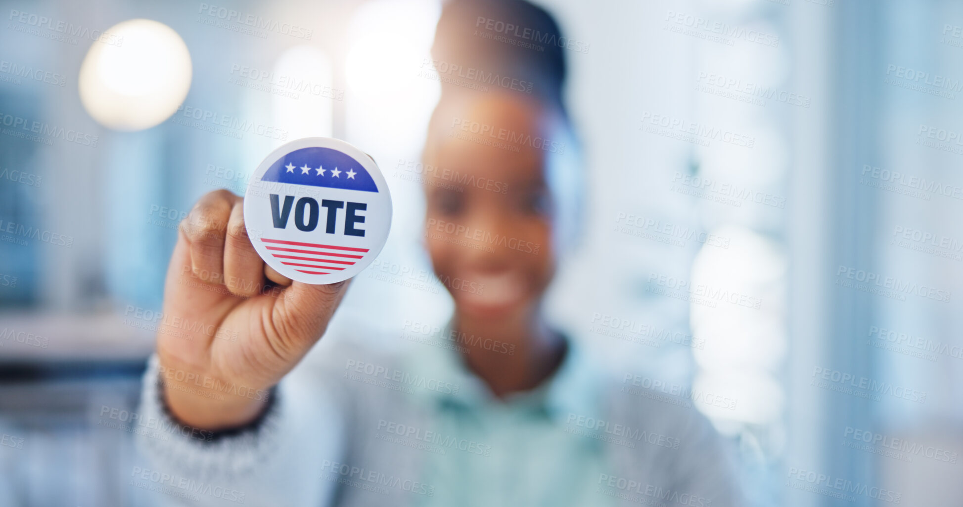 Buy stock photo Hand, vote and badge with a black woman in government for support or motivation of a political campaign. Portrait, smile and democracy with a happy voter holding her pin of choice in a party election