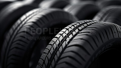 Close-up, tyre or tire thread for automobile industry, sales and mechanic. Car wheel, repair or service for vehicle safety and product purchase. Engineering and mechanical services for vehicle owner
