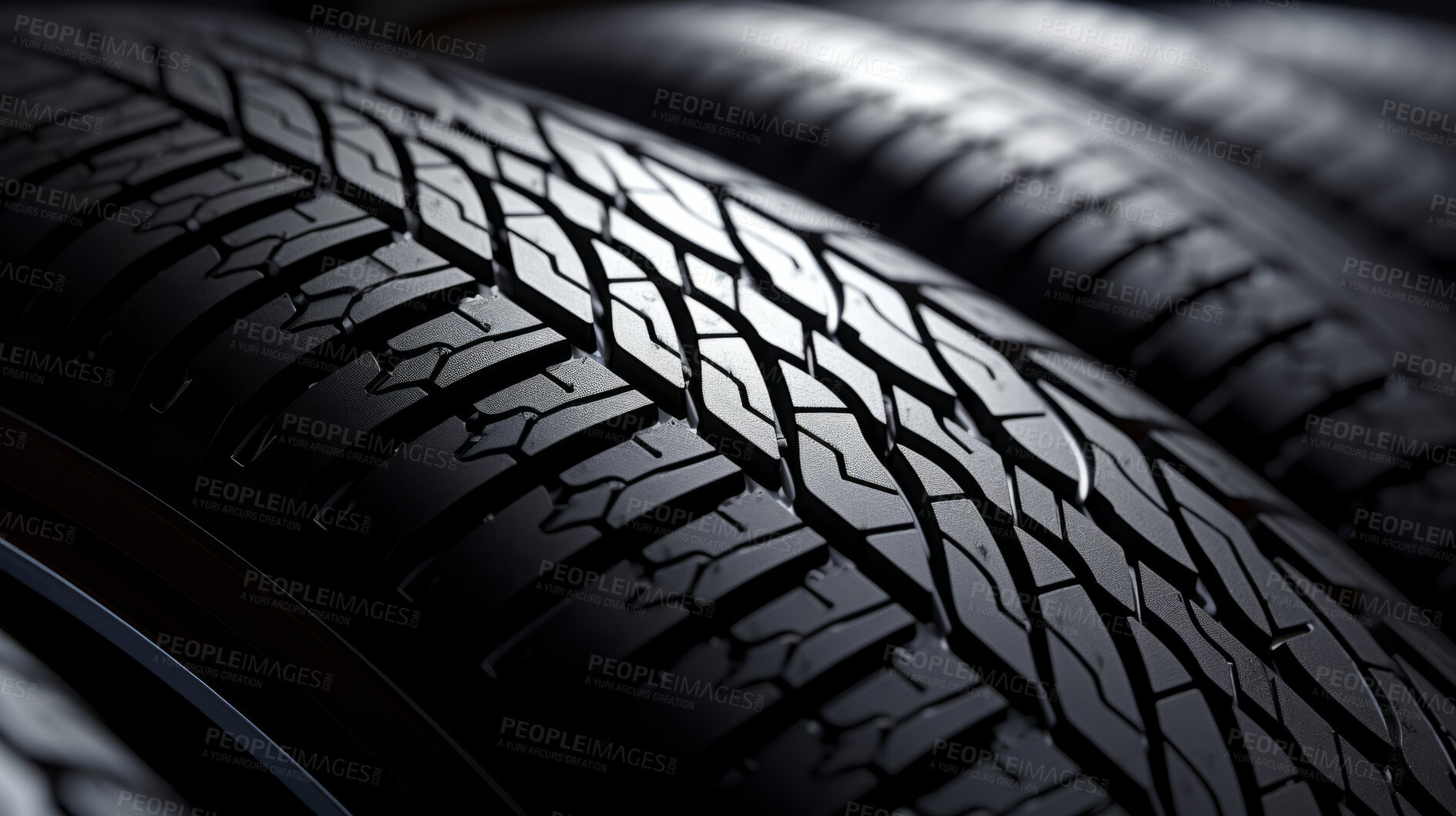 Buy stock photo Close-up, tyre or tire thread for automobile industry, sales and mechanic. Car wheel, repair or service for vehicle safety and product purchase. Engineering and mechanical services for vehicle owner