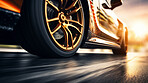 Vehicle speeding, tire and motion blur for professional, driver and owner on road. Test, speed, and fast car automobile for dealership, mechanic or professional racing competition