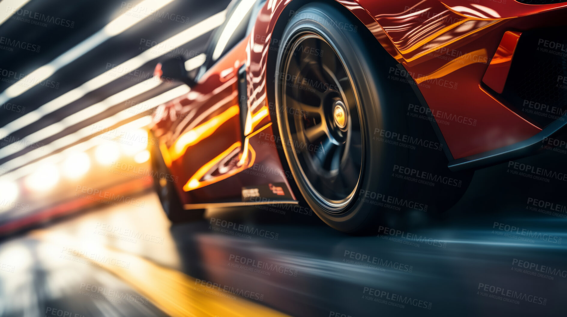 Buy stock photo Vehicle speeding, tire and motion blur for professional, driver and owner on road. Test, speed, and fast car automobile for dealership, mechanic or professional racing competition