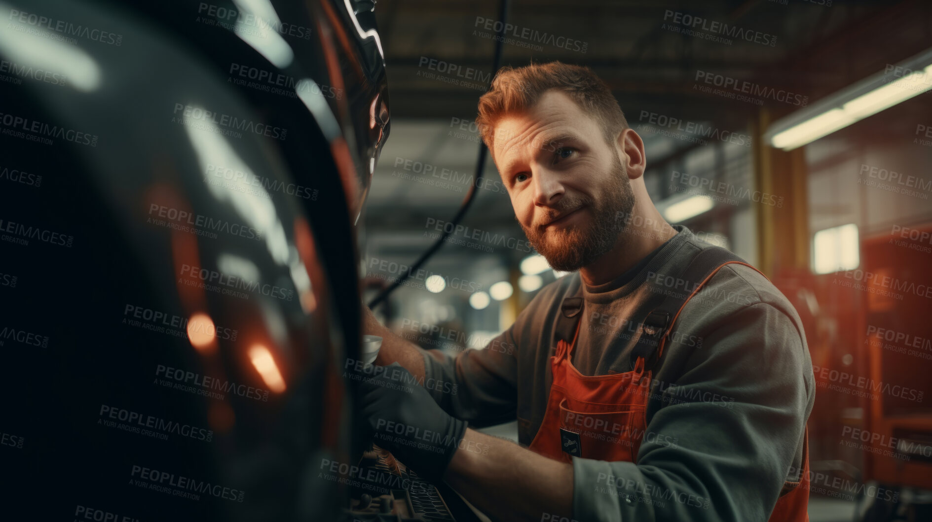 Buy stock photo Professional, mechanic or man working on vehicle or car engine. Close-up, face and crop for car parts and automobile service repair in a engineer or garage workshop