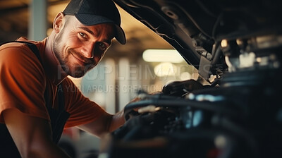 Professional, mechanic or man working on vehicle or car engine. Close-up, face and crop for car parts and automobile service repair in a engineer or garage workshop