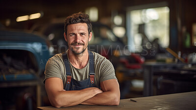 Professional portrait, mechanic or man with arms crossed in engineer or garage workshop. Confident, male or smiling for car service repair and engineer and automobile industry
