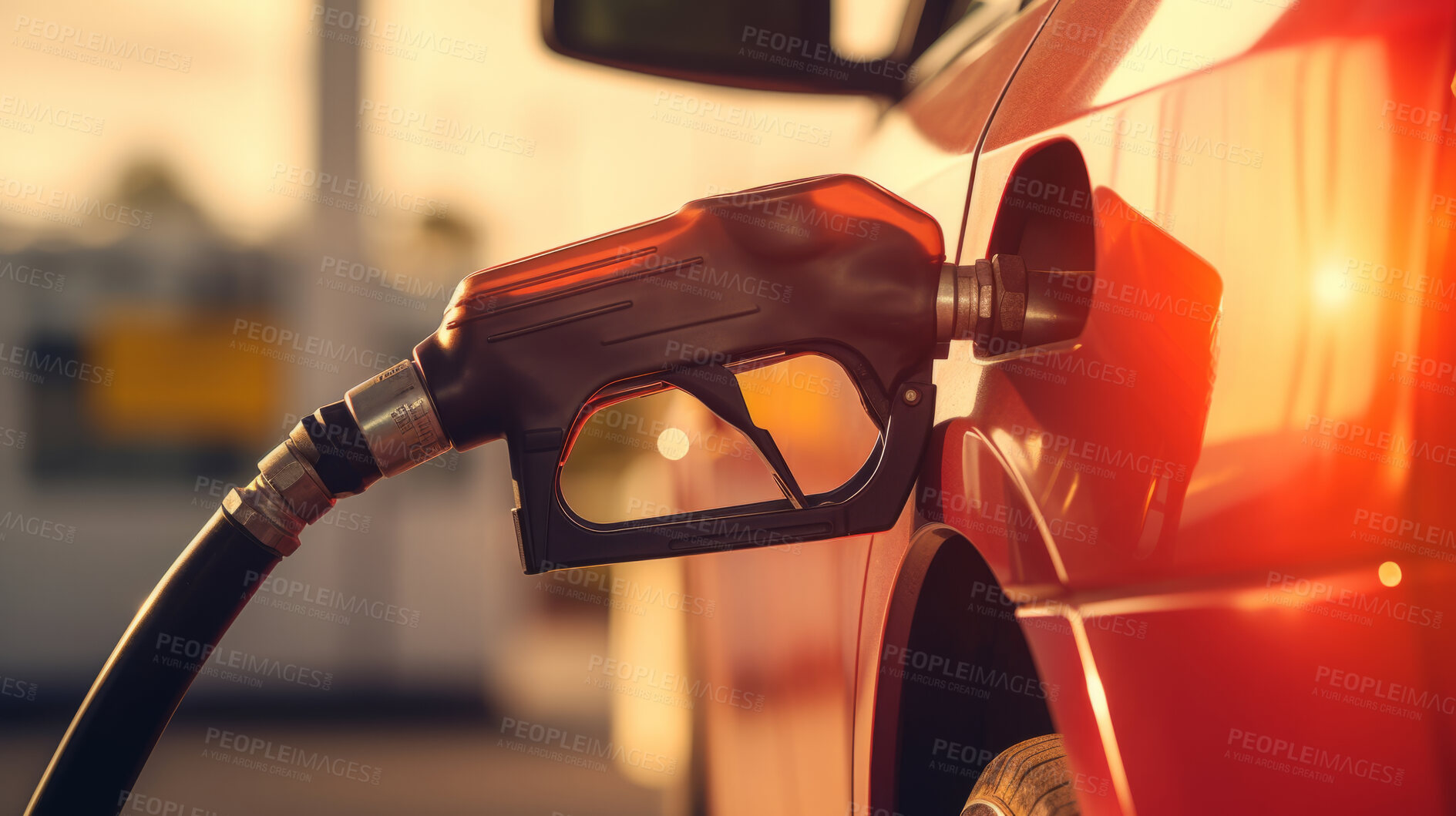 Buy stock photo Fuel pump, gas station and vehicle for gas refill, inflation or finance at local fuel garage. Close-up, flare, and petrol pump nozzle in car or automobile for crisis, gasoline and travelling expenses