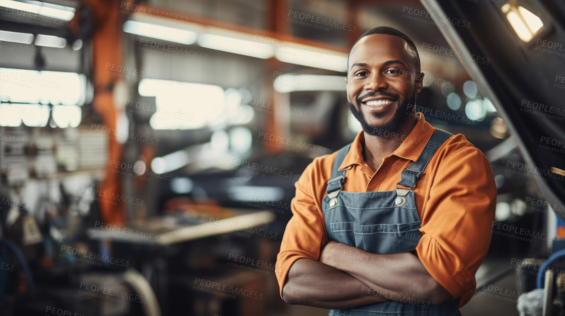 Buy stock photo Professional portrait, mechanic or man with arms crossed in engineer or garage workshop. Confident, male or smiling for car service repair and engineer and automobile industry