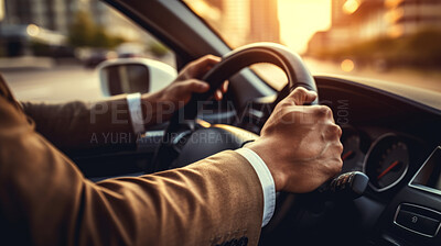 Steering wheel, hands and driving for vehicle insurance, safety and travel in a city at sunrise or sunset. Close-up, hands on steering wheel and steering, travelling in the city for tourism, mechanical repair