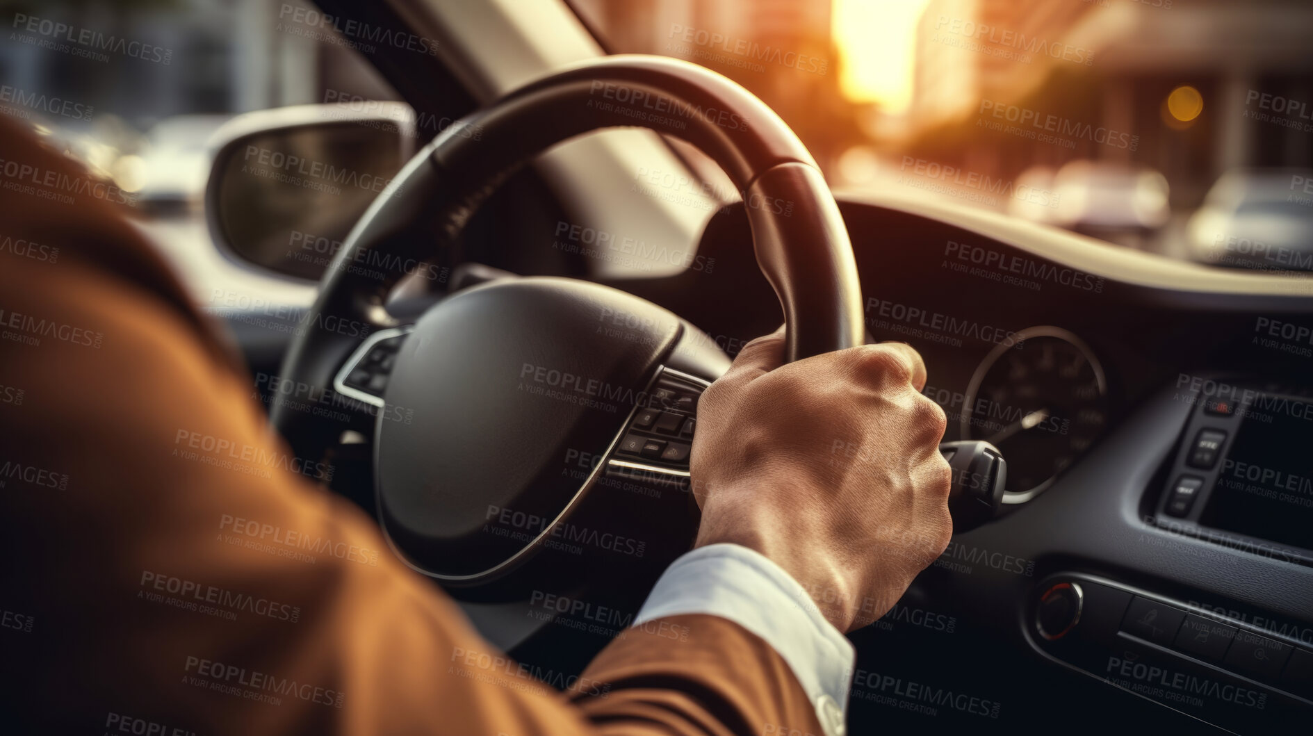 Buy stock photo Steering wheel, hands and driving for vehicle insurance, safety and travel in a city at sunrise or sunset. Close-up, hands on steering wheel and steering, travelling in the city for tourism, mechanical repair