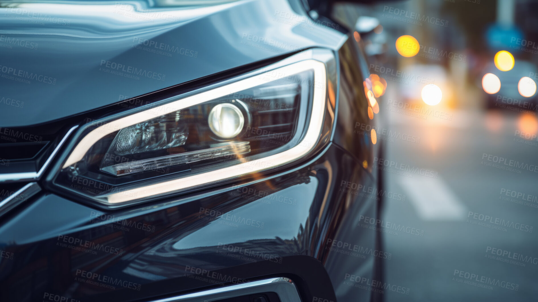 Buy stock photo Headlight, vehicle and car for dealership salon, car sales and service repair in city streets at night. Close-up, lights and bokeh of modern and sleek automobile for ownership, competition or mechanic