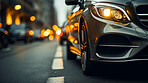 Headlight, vehicle and car for dealership salon, car sales and service repair in city streets at night. Close-up, lights and bokeh of modern and sleek automobile for ownership, competition or mechanic