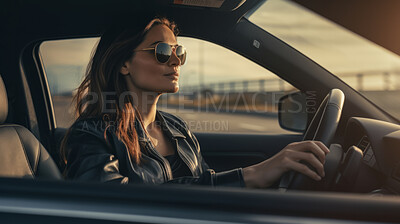 Portrait of woman, driving, vehicle for professional, confident and ownership. Face, smile and happy female driving her car for insurance, service repair and dealership. Automobile industry