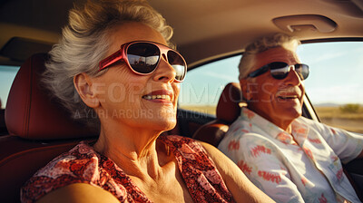 Portrait of senior couple, driving, vehicle for professional, confident and travelling. Face, smile and happy couple driving car for insurance, service repair and pensioner. Automobile industry