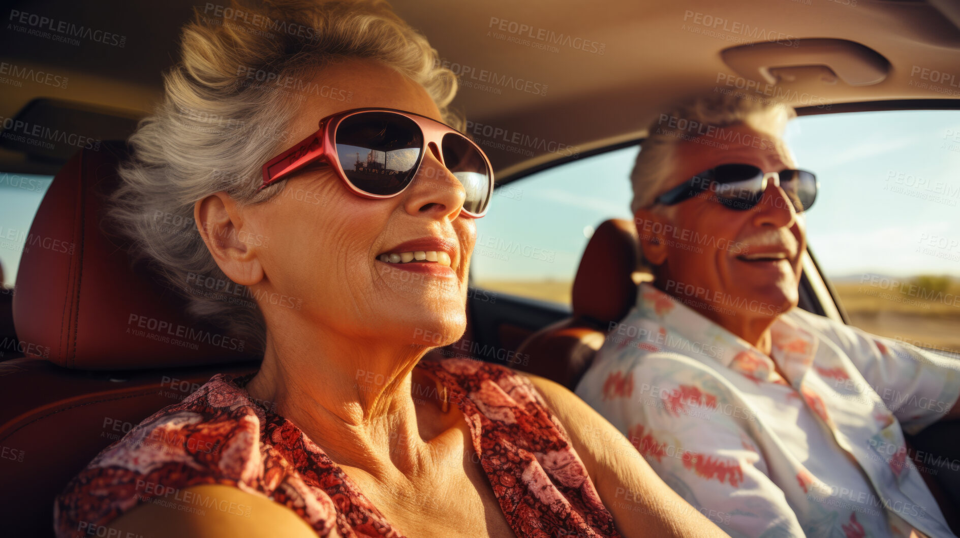 Buy stock photo Portrait of senior couple, driving, vehicle for professional, confident and travelling. Face, smile and happy couple driving car for insurance, service repair and pensioner. Automobile industry