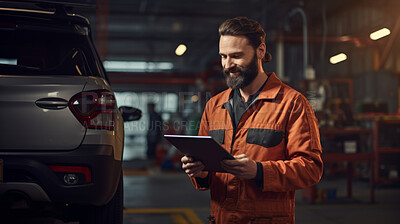 Professional portrait, mechanic or man working on vehicle or car engine in engineer or garage workshop. Confident, male or smiling and using tablet for car service repair and engineer
