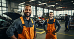 Professionals portrait, mechanic or men with arms on hips pose in engineer or garage workshop. Confident, male or smiling for car service repair and engineer and automobile industry