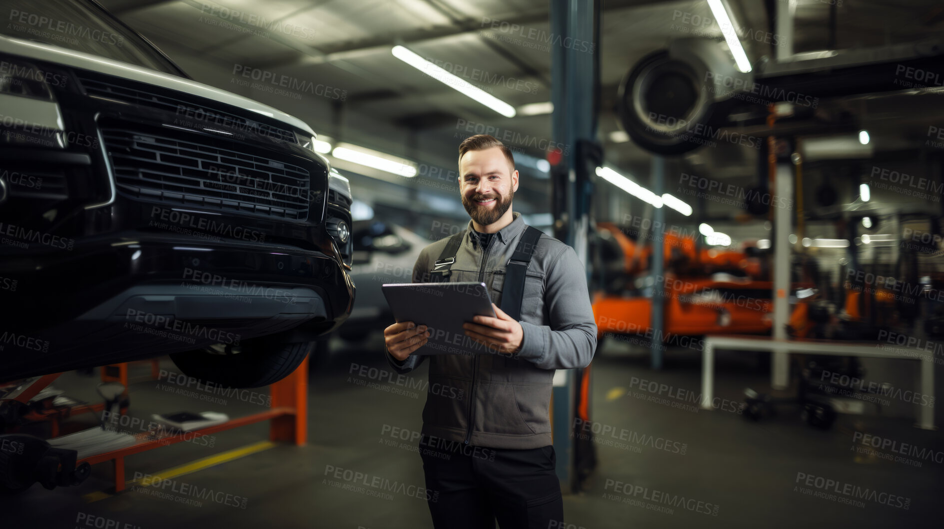 Buy stock photo Professional portrait, mechanic or man working on vehicle or car engine in engineer or garage workshop. Confident, male or smiling and using tablet for car service repair and engineer