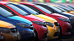 Cars for sale, vehicle or lot for dealership salon in parking or line up. Colorful, model or display of various cars for finance, selling, buyer or insurance of ownership, asset gas inflation