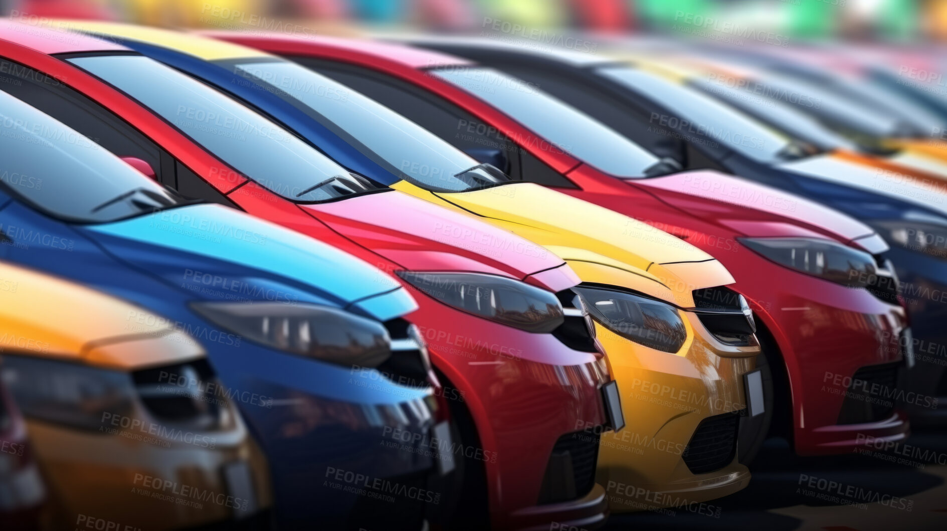 Buy stock photo Cars for sale, vehicle or lot for dealership salon in parking or line up. Colorful, model or display of various cars for finance, selling, buyer or insurance of ownership, asset gas inflation