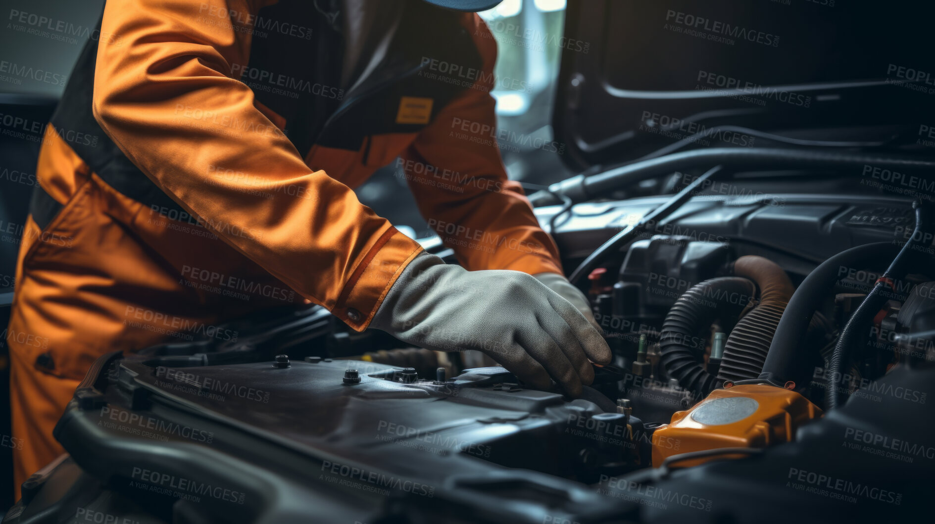 Buy stock photo Professional, mechanic or man working on vehicle or car engine. Close-up, hands and crop for car parts and automobile service repair in a engineer or garage workshop