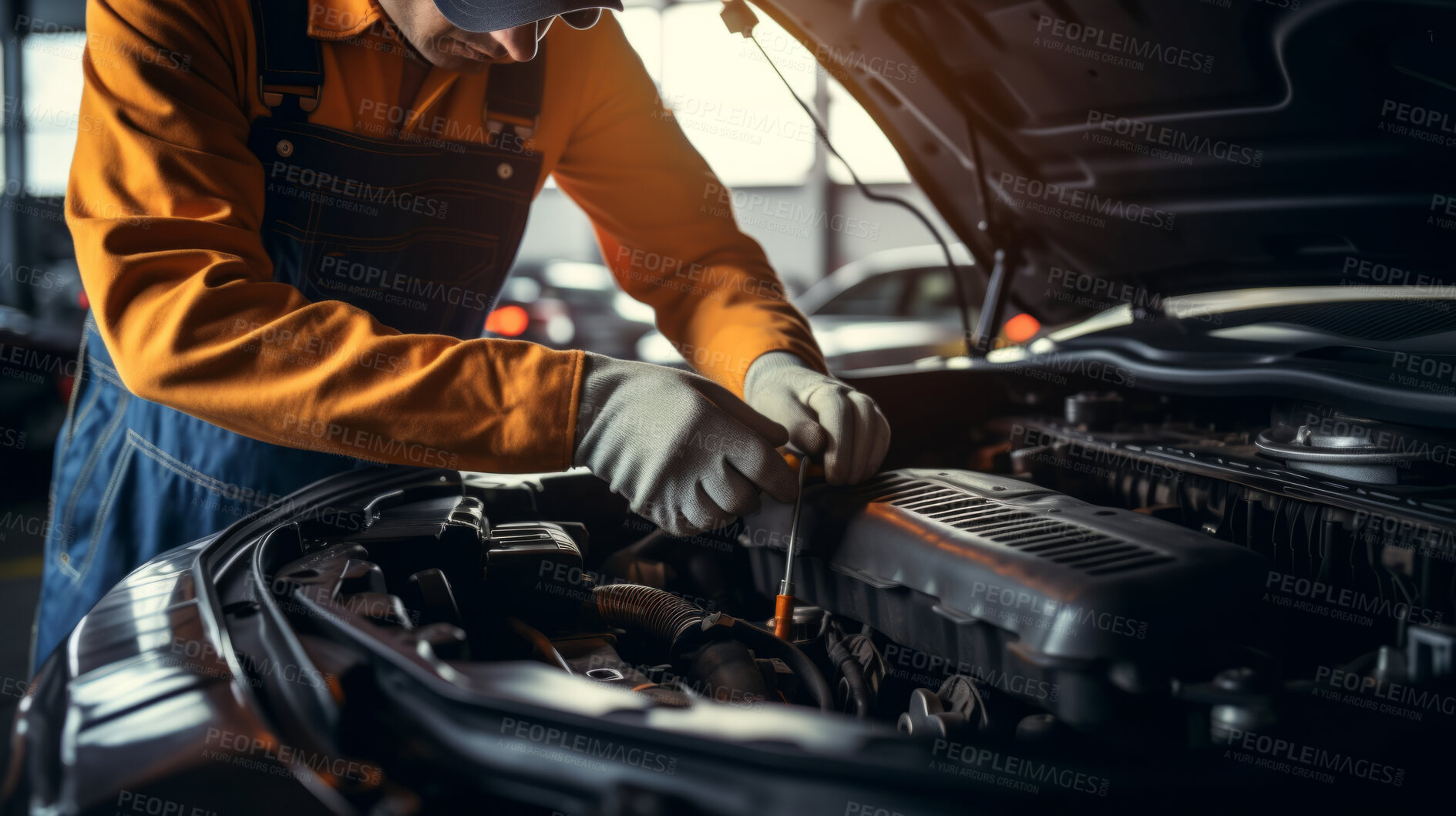 Buy stock photo Professional, mechanic or man working on vehicle or car engine. Close-up, hands and crop for car parts and automobile service repair in a engineer or garage workshop