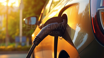 Buy stock photo Electric, vehicle or charging point for automobile, green energy and environment. Car, charging and battery at power station or supply. Sustainable energy concept for future and futuristic innovation