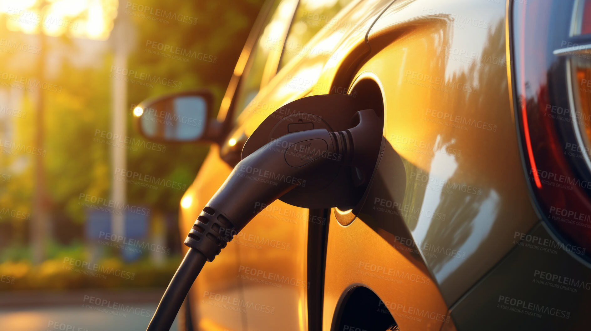 Buy stock photo Electric, vehicle or charging point for automobile, green energy and environment. Car, charging and battery at power station or supply. Sustainable energy concept for future and futuristic innovation