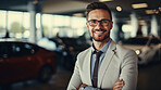 Man, portrait, businessman for vehicle dealership, confidence and sales in automobile industry. Happy, smile and face of male wearing a business suit for motor, car or asset for ownership and finance