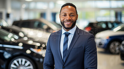 Man, portrait, businessman for vehicle dealership, confidence and sales in automobile industry. Happy, smile and face of male wearing a business suit for motor, car or asset for ownership and finance