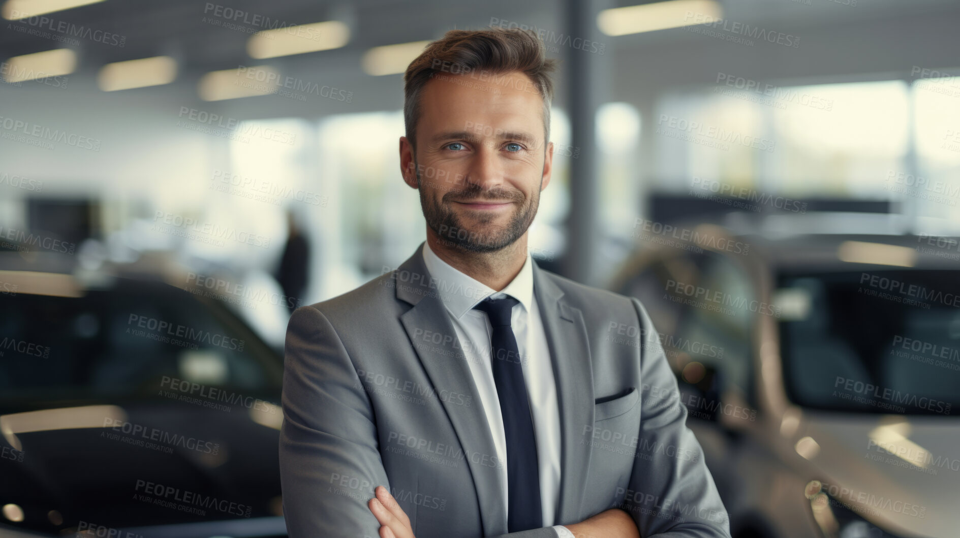 Buy stock photo Man, portrait, businessman for vehicle dealership, confidence and sales in automobile industry. Happy, smile and face of male wearing a business suit for motor, car or asset for ownership and finance