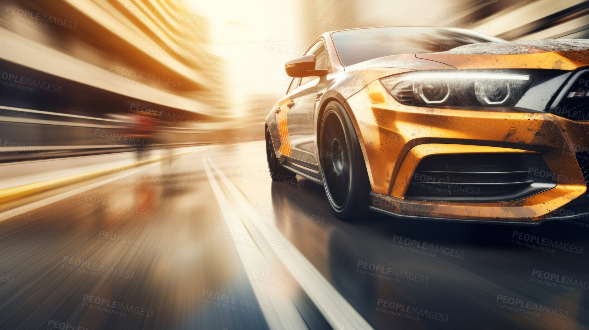 Buy stock photo Vehicle speeding, car and motion blur for professional, driver and owner on road. Test, speed, and fast automobile for dealership, mechanic or professional racing competition