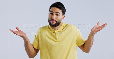 Buy stock photo Man, hands and confused portrait in studio, question and unsure of options by white background. Idea, why and young person with doubt for decision, uncertain and shoulder shrugging by mockup space