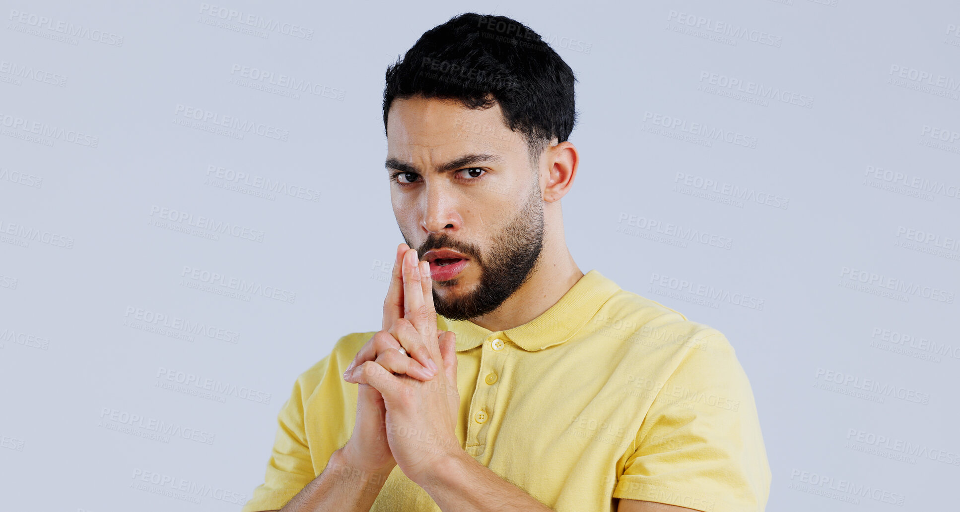 Buy stock photo Finger gun, serious and portrait of man in studio with aim for target, shooting and spy on blue background. Secret agent, security mockup and face of person with hand gesture for pistol or weapon