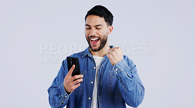 Buy stock photo Man, phone and excited with winner notification with surprise on technology, reward offer and white background. Young person, wow and digital news on cellphone, discount announcement and mockup space